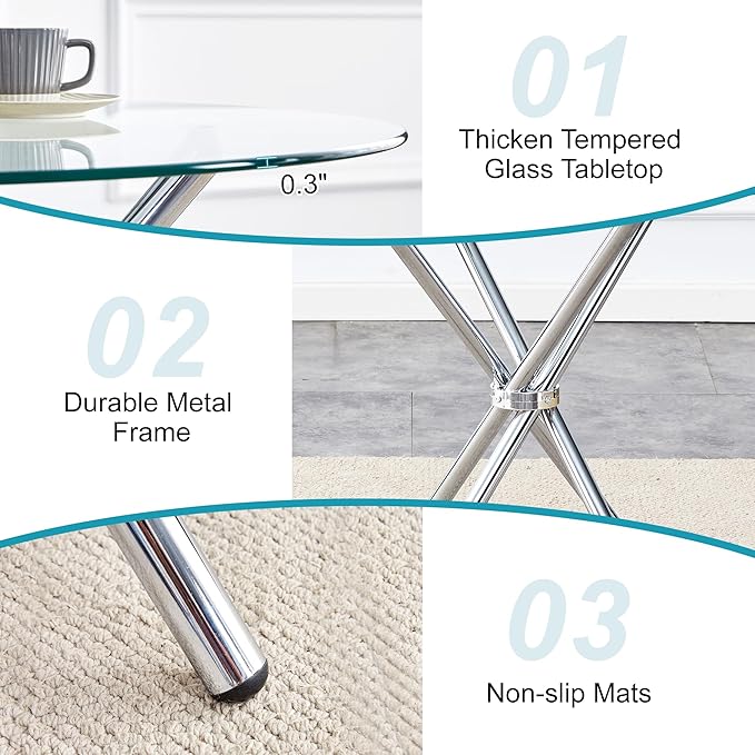 Kitchen Table for 2 Modern 36.6" Round Glass Table Small Tables with Trestle Metal Leg for Living Room and Apartment, Silver