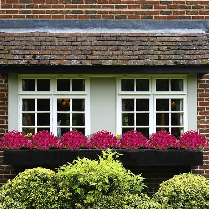 15 Bundles Artificial Flowers UV Resistant Outdoor Plants No Fade Faux Plastic Shrubs Fake Silk Flowers Window Box Garden Porch Home Decoration(Fuchsia)