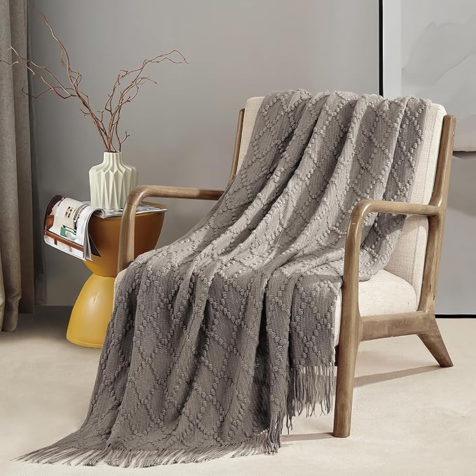 BOURINA Dark Grey Throw Blanket 50 x70 Inches Jacquard Argyle Throw Textured Solid Soft Throws and Blankets for Sofa or Bed Knitted Decorative Blanket