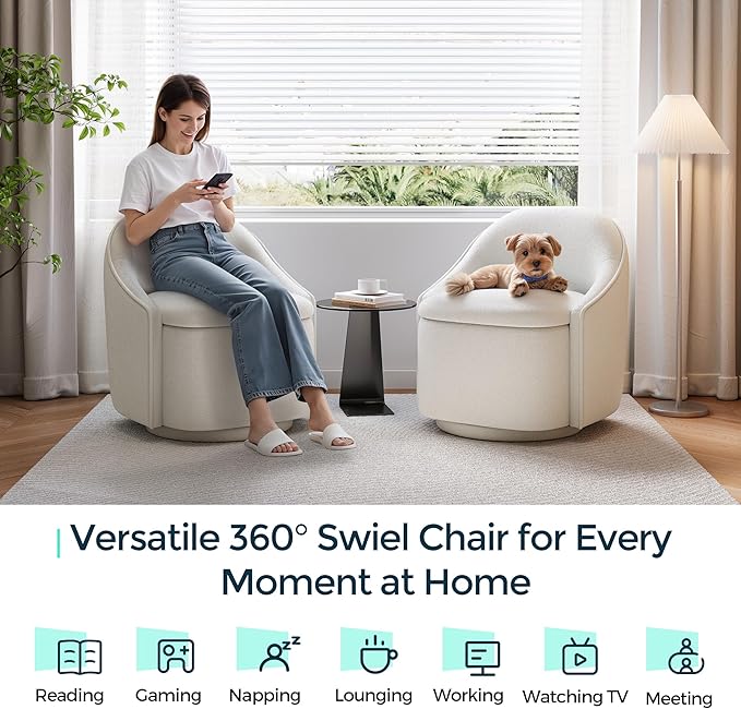 LINSY Swivel Accent Chair with Storage Comfy Chenille Barrel Chairs, Small 360 Swivel Modern Armchair for Living Room Bedroom, Boucle Reading Chair for Study Room (Beige)