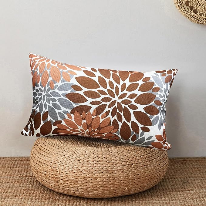 Decorative Throw Pillow Covers Set of 2 Brown Coffee Pillow Covers 12x20 Inch Couch Pillow Covers for Sofa Living Room Outdoor Throw Pillow Cover Linen Floral Flower Farmhouse Pillowcase