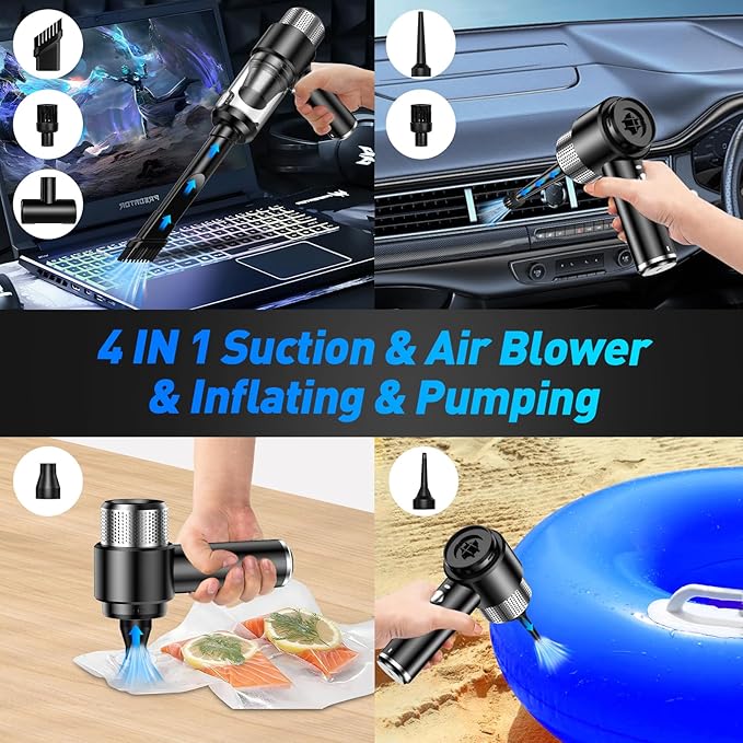 Mini Vacuum Cleaner, 16000PA Car Vacuum Cleaner Portable Cordless with LED Light, 4 in 1 Air Duster and Handheld Small Vacuum Rechargeable for Car, Home, Office, Pet（Black）