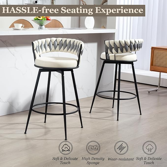 Counter Height Bar Stools Set of 3, 28 Inch Bar Stool with Metal Legs, 360° Swivel Barstools with Woven Back Leather Upholstered, Modern Chair for Kitchen Island, Cafe