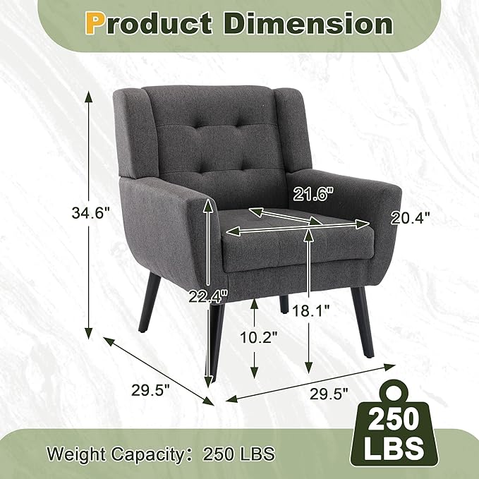 NicBex Accent Chair Set of 2, Modern Chair for Living Room Upholstered Foam Filled Living Room Chairs with Metal Legs Linen Cozy Lounge Armchair for Living Room Bedroom,Dark Grey