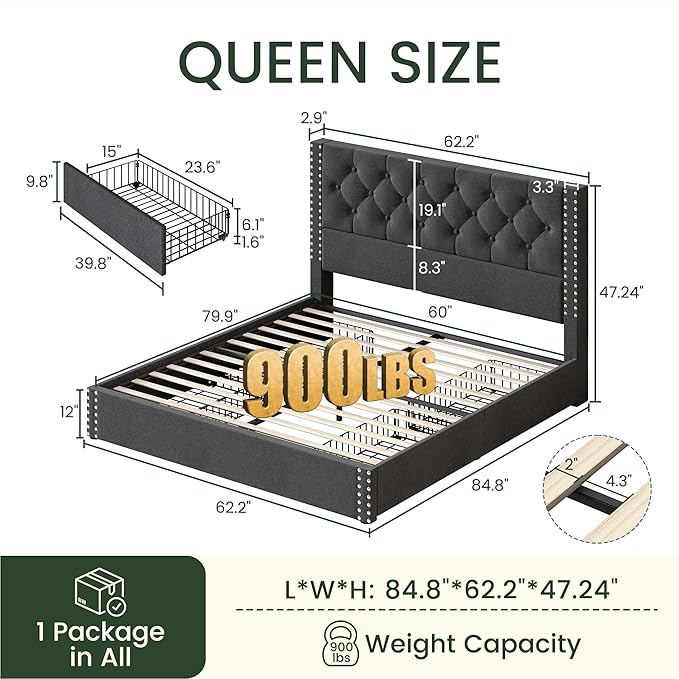 LARMACE Queen Size Bed Frame with 4 Storage Drawers and Tufted Headboard Linen Upholstered Platform Bed Frame with Heavy Duty Wood Slats, No Box Spring Needed, Easy Assembly, Grey