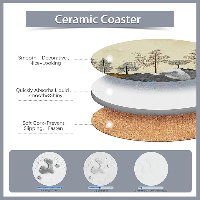 6 Pcs Coasters for Drinks with Holder,Brown Trees with Golden Gray Mountains Landscape Absorbent Coaster with Cork Backing,Great Gift for Housewarming,Room Decor,Bar,Holiday Party