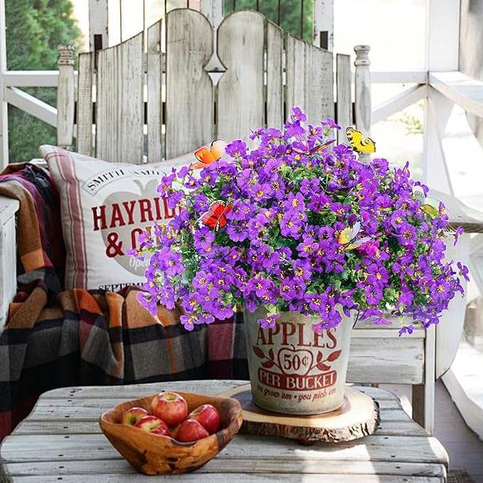 ‌20 Bundles Artificial Flowers for Outdoors‌ with 6 Faux Butterflies, UV Resistant ‌Fake Flowers‌ with Eucalyptus Leaves, ‌Artificial Plants Outdoor‌ for Patio Garden Porch Home Decor (Purple)