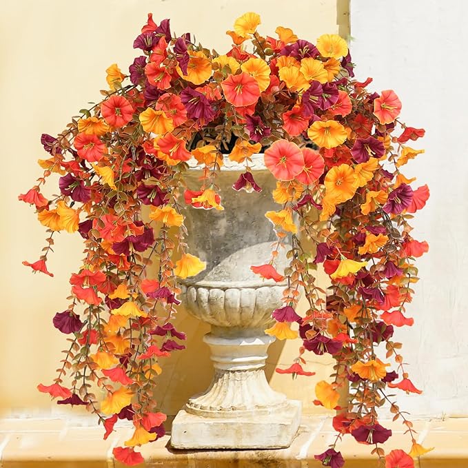 Artificial Mums for Outdoors, 4 pcs Fall Faux Flowers for Outdoor Planters, Fake Mums with Eucalyptus Leaves for Yard Patio Lawn Garden, Fall Porch Decor, Autumn Morning Glory Silk Flowers