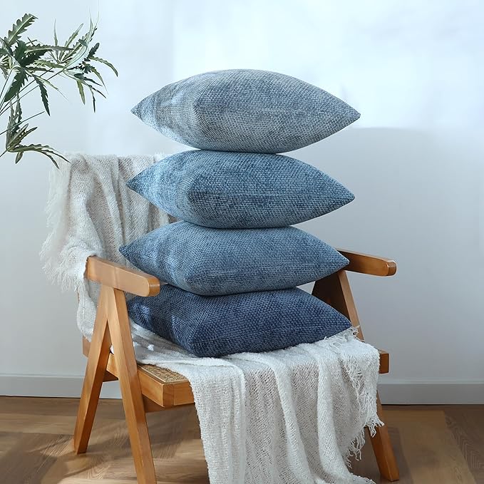 Stellhome Set of 4 Neutral Decorative Throw Pillow Covers Soft Chenille Woven Textured Luxury Accent Cushion Cases for Living Room Couch Bed Sofa Farmhouse Boho Home, 18x18 inch, Neutral Blue