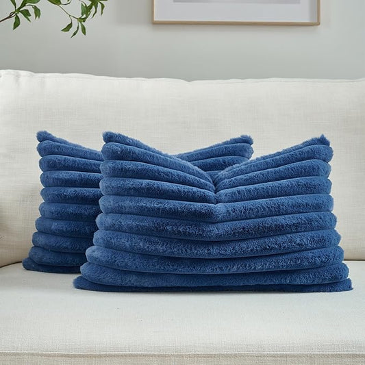 FUTEI Navy Blue Striped Decorative Throw Pillow Covers 12x20 Inch Set of 2,Rectangle Fall Decorations Couch Lumbar Pillowcase,Soft Cozy Faux Rabbit Fur & Velvet Back,Modern Home Decor for Bed