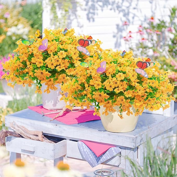 ‌20 Bundles Artificial Flowers for Outdoors‌ with 6 Faux Butterflies, UV Resistant ‌Fake Flowers‌ with Eucalyptus Leaves, ‌Artificial Plants Outdoor‌ for Patio Garden Porch Home Decor (Yellow)