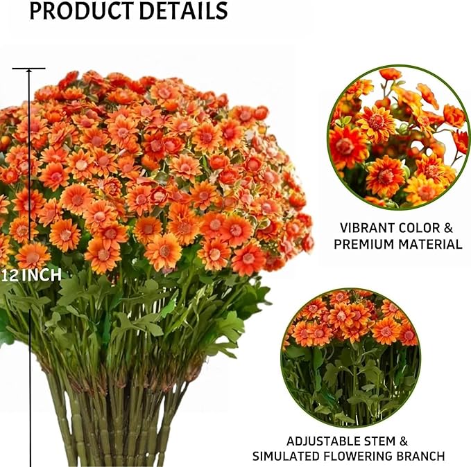 Funsdecor Artificial Mums, 2025 New Artificial Sunset Mums, Artificial Mums for Outdoors Fall - UV Resistant, Waterproof, Fake Fall Flower Daisy for Decoration for Home Porch (5Bundtel Gold)