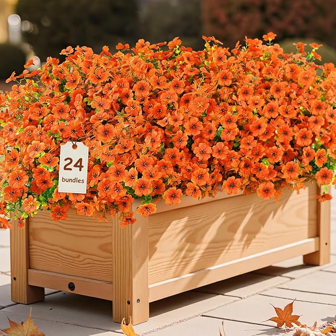 SHareconn 24 Bundles Artificial Fall Flowers for Outdoors Decoration, UV Resistant Silk Eucalyptus Lavender Faux Autumn Fake Plants for Outside Indoor Garden Yard Porch Home Decor, Orange