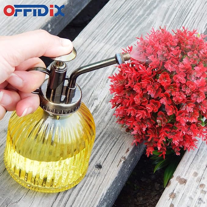 OFFIDIX Glass Watering Spray Bottle, 6.3" Tall Vintage Style Decorative Plant Atomizer Watering Can Pot with Bronze Plastic Top Pump for Indoor Potted Plants(Yellow)