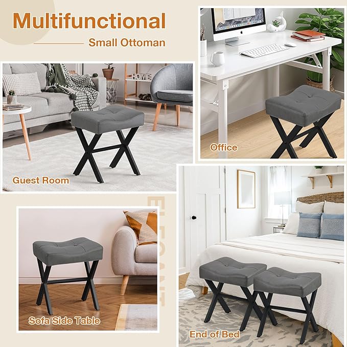 18-Inch Leather Vanity Stool Chair, Vanity Bench with Metal X-Leg, Ottoman Accent Stool with Thick Padded Saddle Seat, Gray