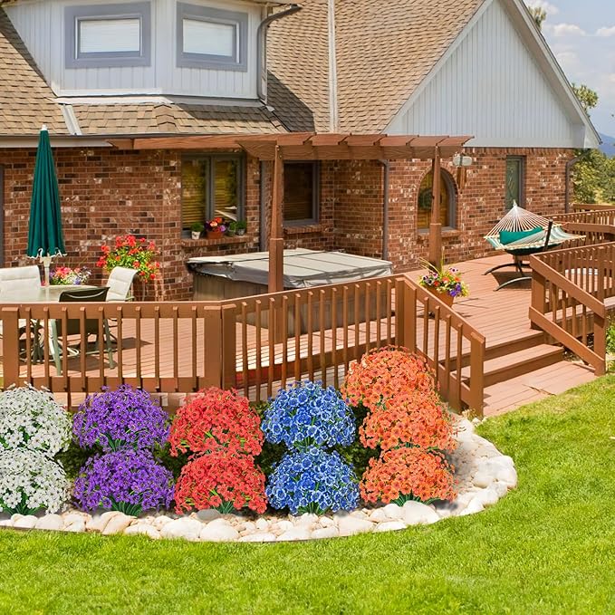 Outdoor Artificial Flowers 21 UV Resistant Bundles Fake Flower Plastic Plants Faux Silk Flowers Porch Hanging Garden Porch Window Box Decorating (Red)