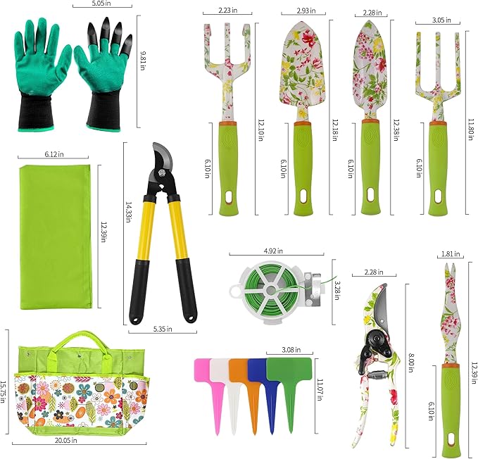 41-Piece Premium Gardening Tool Set, Stainless Steel Heavy Duty Gardening Tool Kit, with Non-Slip Rubber Grip, Storage Tote Bag, Outdoor Hand Tools, Ideal Gardening Gifts for All (Pink Floral)