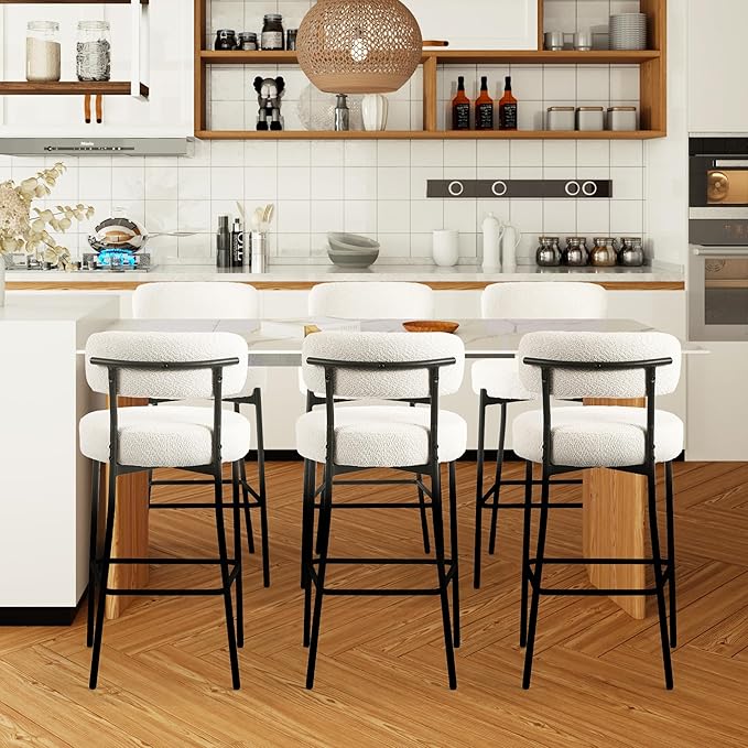 DYHOME Bar Stools Set of 6, 28 Inches Boucle Counter Height Bar Stools with Back, White Modern Tall Barstools with Metal Legs for Kitchen Island