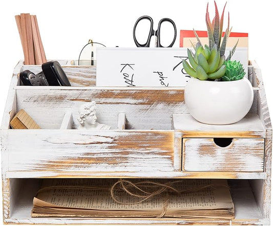 VERGOODR Wood Desk Drawer Organizers with File Organizer Pen holder Office Decor combo Organization Home Can Arrange calculators scissors pens note papers, etc. (washed white)