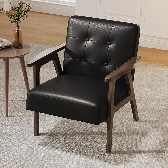 Casaottima PU Leather Accent Chair Mid Century Comfy Cozy Chair with Solid Wood Legs,Modern Arm Reading Chair with Button Tufted Back for Living Room Bedroom (Dark Black)