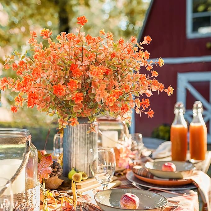 Uieke 6 Bundles Artificial Fall Flowers UV Resistant No Fade Fake Outdoor Plants Faux Plastic Plant Greenery for Outside Garden Porch Sidewalk Trim Window Box Décor Autumn Orange