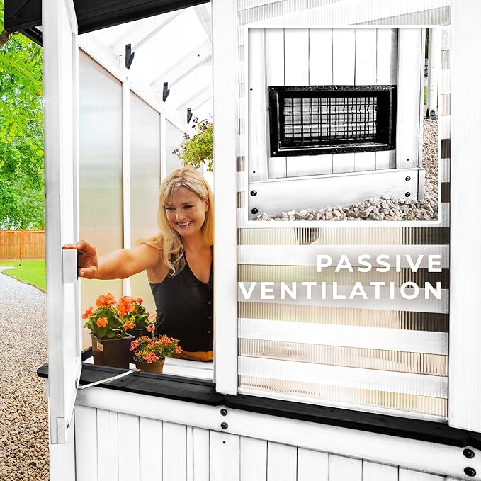 Backyard Discovery Bellerose 9' x 6' White Cedar Wood and Polycarbonate Walk-in Greenhouse Kit with Pergola, Exhaust Fan, Window, Hose Hook-Ups, PowerPort, Staging Shelves for Outdoor Gardening