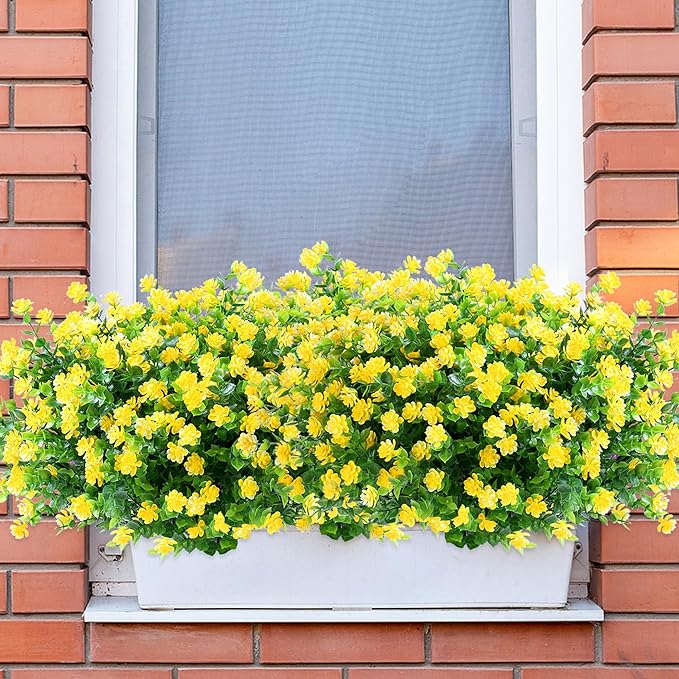 SITUMEIZI 8 Bundles Yellow Artificial Flowers Outdoor Fake Flower Plastic UV Resistant Shrubs Greenery Plants Hanging Decorations Garden Porch Window Box Farmhouse Outside Summer Indoor Decor