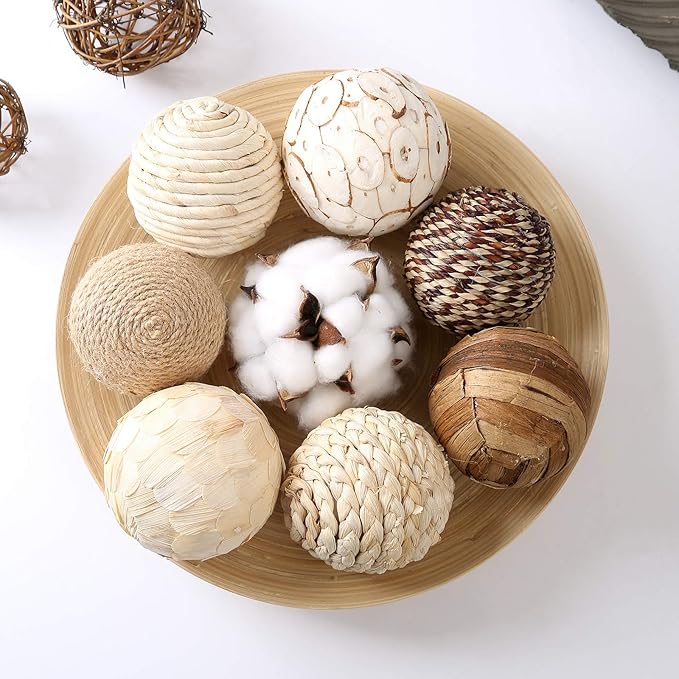 Assorted Decorative Spherical 9pcs Brown White Orbs Natural Twig Rattan Woven Cotton Balls for Vase Bowl Filler Tabletop Decor
