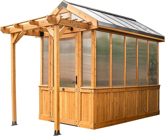 Backyard Discovery Bellerose 9' x 6' Cedar Wood and Polycarbonate Walk-in Greenhouse Kit with Pergola, Exhaust Fan, Windows, Hose Hook-Ups, PowerPort, Staging Shelves for Year-Round Outdoor Gardening