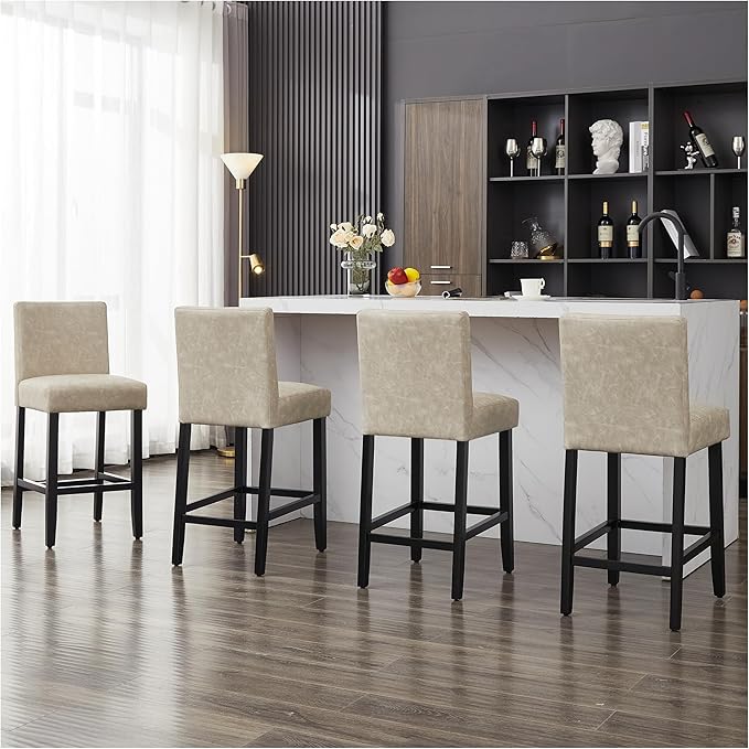 26'' Faux Leather Bar Stools Set of 4, Modern Upholstered Bar Height Bar Chairs, Soild Wood Legs Barstools with Back, Beige