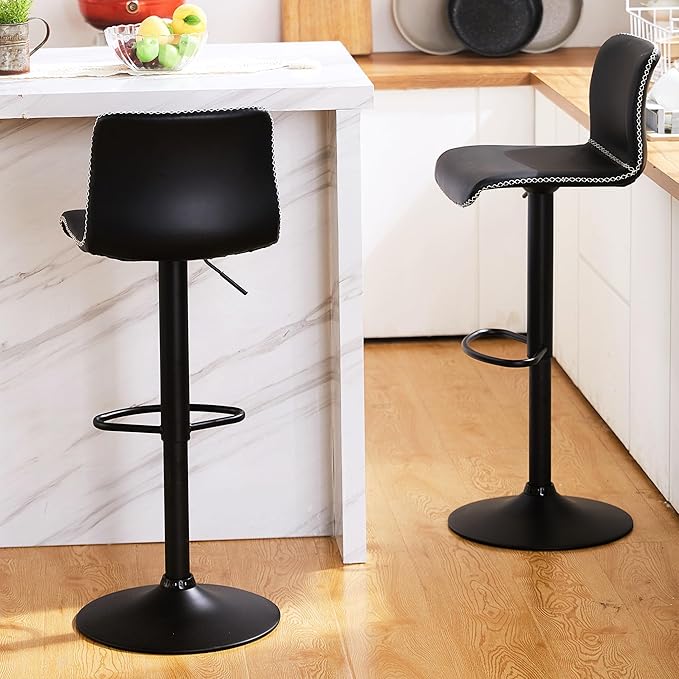 HeuGah Swivel Bar Stools Set of 2, Adjustable Counter Height Barstools with Back, Black Faux Leather Bar Chairs for Kitchen Island (Black, Set of 2 (24'' to 32''))