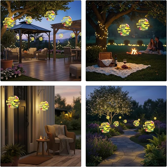 2 Pack Solar Lanterns Outdoor Waterproof , 30LED Hanging Lights with Flower Patterns for Garden Patio Yard Decor, Gift for Grandma Gardeners Women