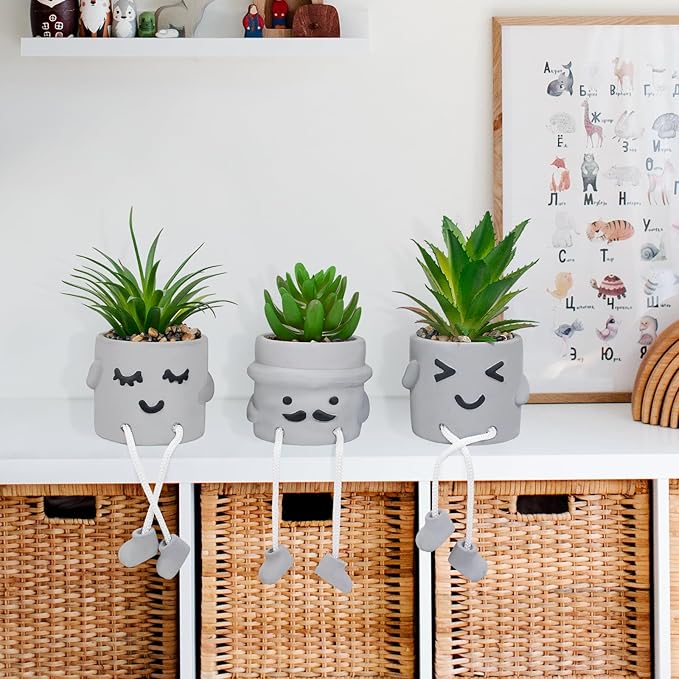 Small Fake Plants Faux Succulents in Grey Pots with Hanging Leg Potted Mini Fake Plants for Office Desk Decor Cute Artificial Succulent Plants for Home Office Desk Decor and Gift Choice - Set of 3