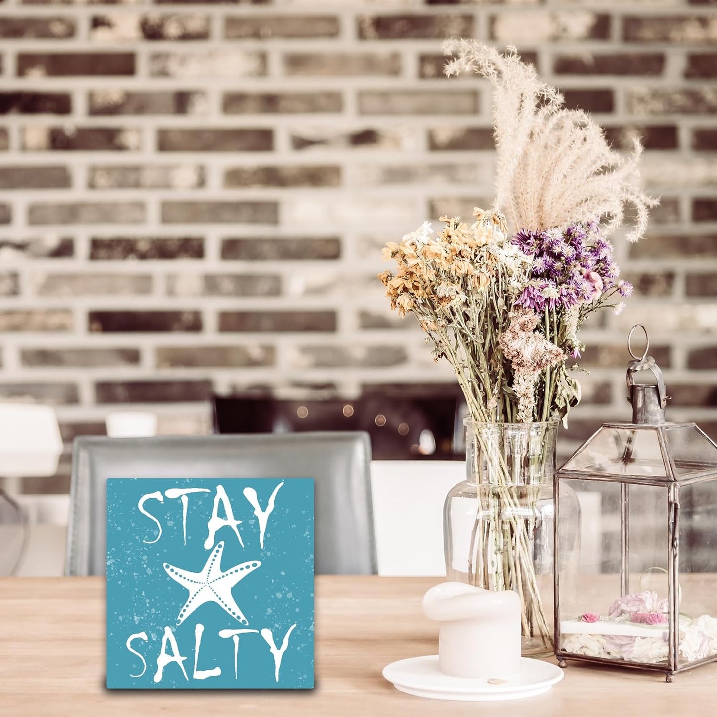 Stay Salty Wooden Block Plaque - Starfish & Summer Blue Tabletop Sign Decor For Friends Family Coworker - 5"x5" Office Room Home Wood Block - Funny Beach Desk Gifts Favors & Supplies - A04