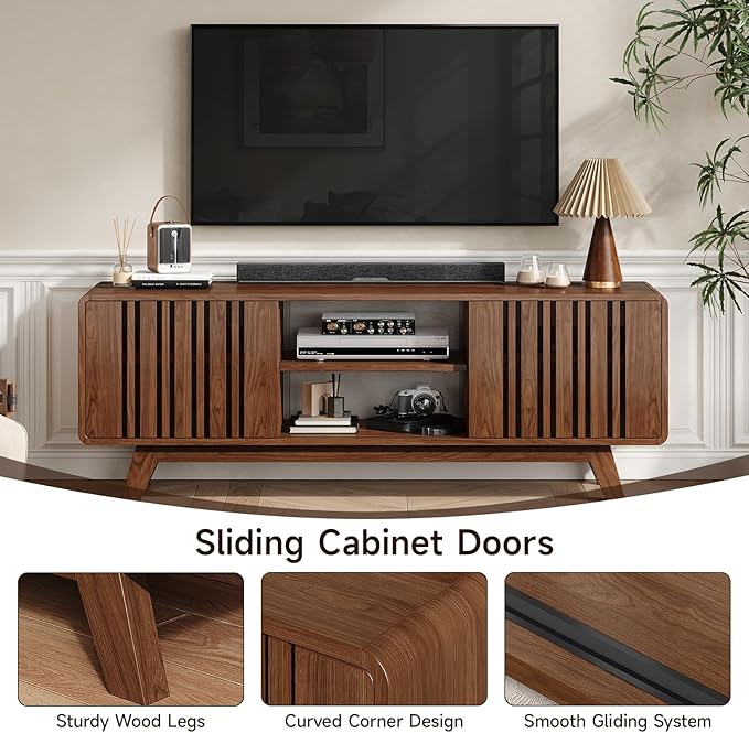 Mid-Century Modern Television Stand for 55/65/70 inch TV, 63” TV Stand with Power Outlet for Living Room, Entertainment Center with Sliding Grille Door Cabinets and Open Shelves, for Bedroom, Walnut