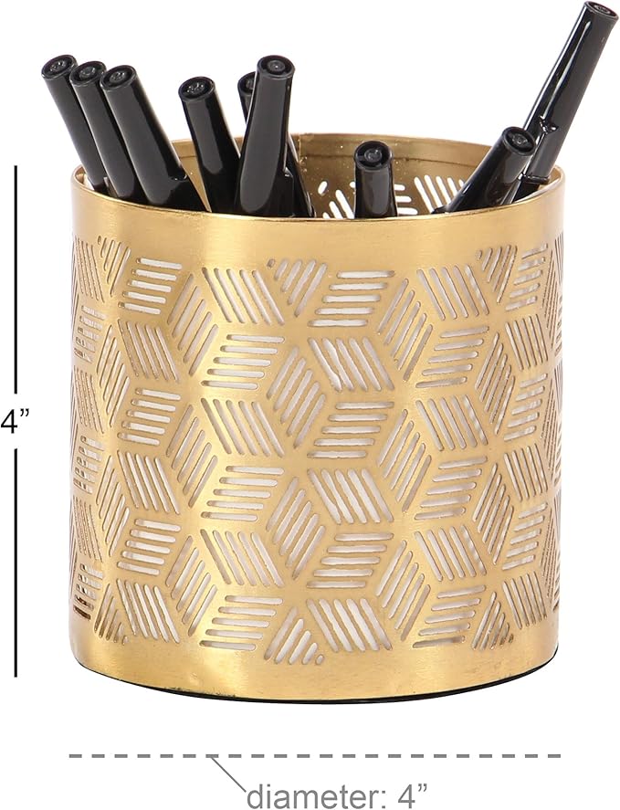 Deco 79 Metal Geometric Pencil Cup with Laser Carved Design, 4" x 4" x 4", Gold