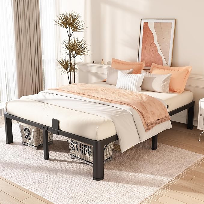FUIOBYVV Queen Bed Frame with Round Corner Edge Legs, 14 Inch High 3500 lbs Heavy Duty Metal Platform Bed Frame Queen Size, No Box Spring Needed/Non-Slip/Steel Slat Support/Noise Free