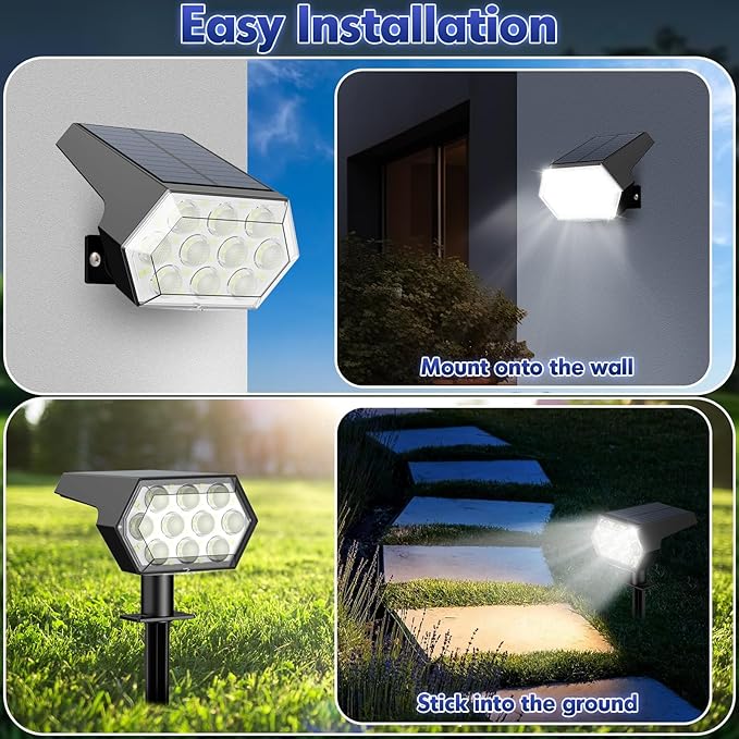 Kaxiida Solar Spot Lights Outdoor Waterproof IP68, 3 Modes & 25% Larger Panel 92 LED Solar Landscape Lights for Yard Pathway Patio Garden Decor (Cold White,4 Pack)