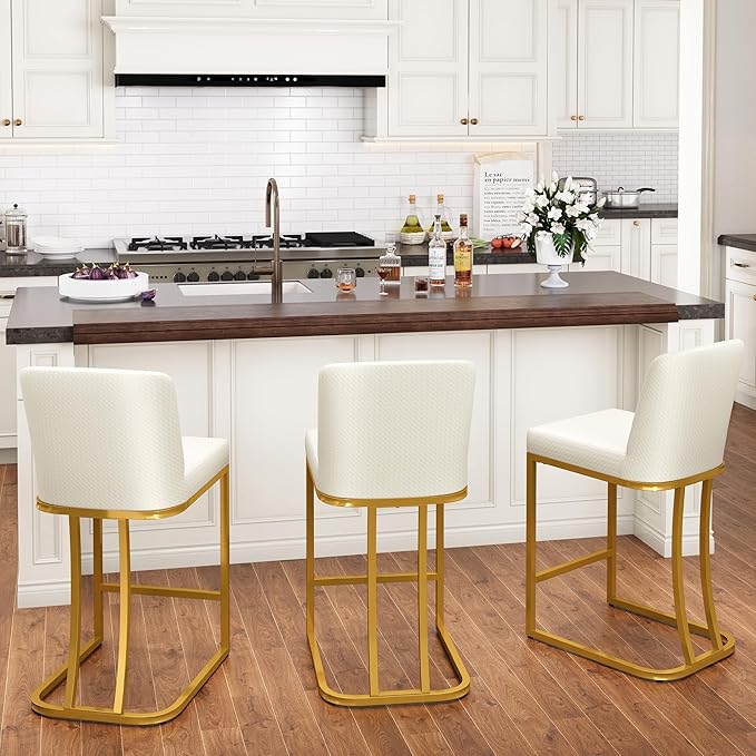 PHI VILLA White and Gold Bar Stools Set of 3, Faux Leather Counter Height Chairs, Kitchen Stools for Island, 24 Inch Barstools with Back
