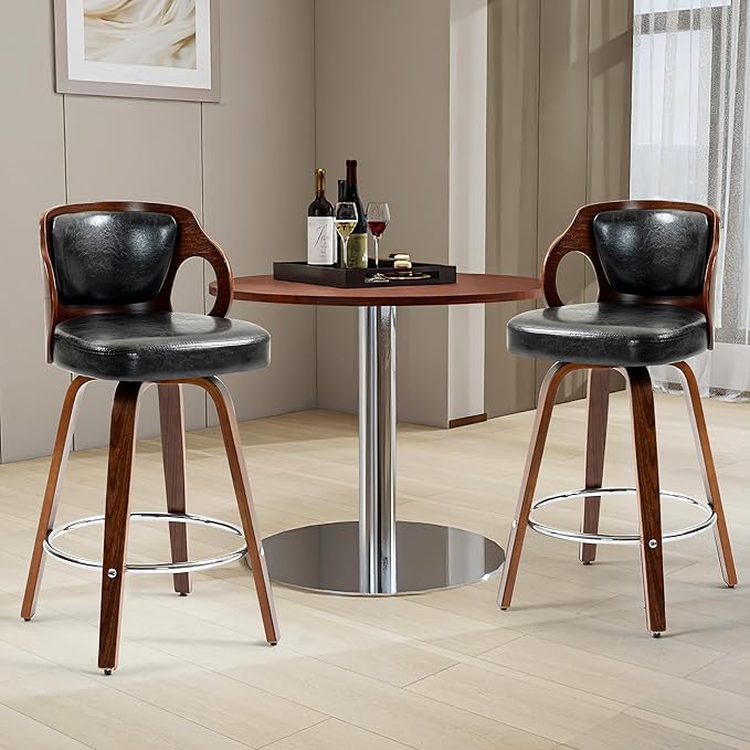 ECOTOUGE Swivel Bar Stools Set of 2, Walnut Faux Leather Counter Height Barstools with Bentwood Back and Footrest, for Dining Room, Kitchen Island and Pub, Black