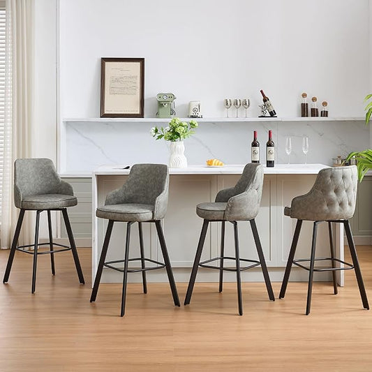 Bar Stools Set of 4, 30" Swivel Bar Height Bar stools with High Back, Faux Leather Kitchen Barstools Bar Height for Kitchen Island (Light Grey, 4PCS 30" Bar Stools)