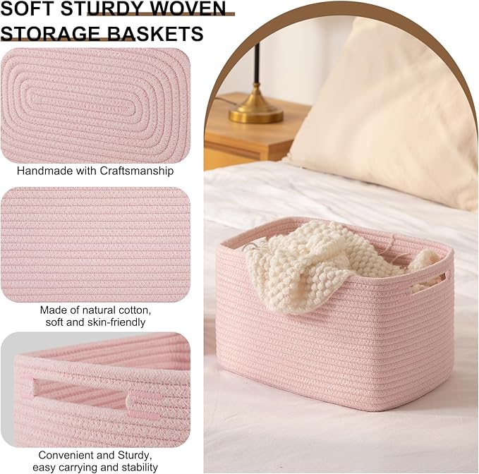 Storage Baskets for Organizing, Woven Decorative Baskets for Shelves - Books, Towels, and Clothes, Cotton Rope Toy Storage Bins, 12.7''Lx9''Wx7.8''H, Pack of 4, Pink