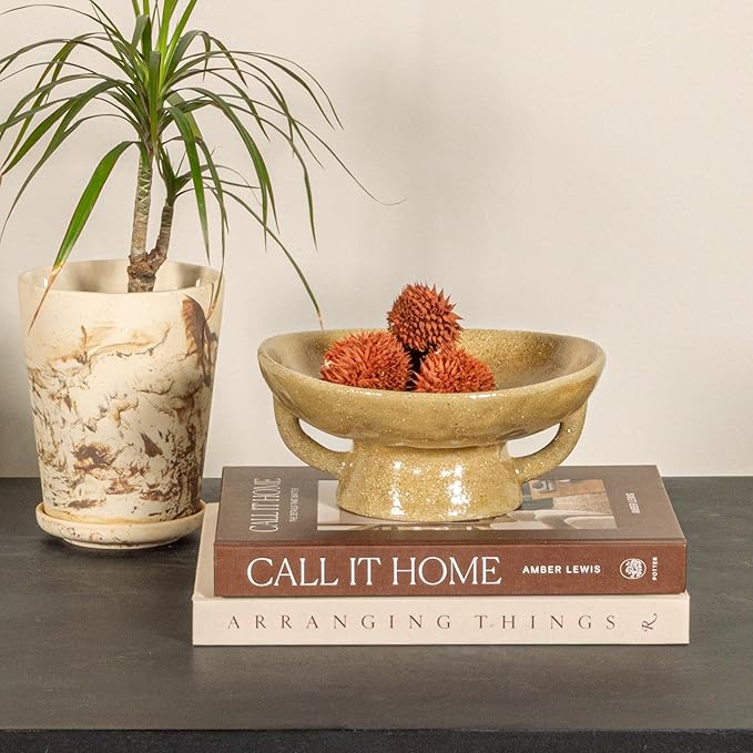 Creative Co-Op Stoneware Footed Pedestal/Bowl with Handles, Reactive Glaze, Taupe