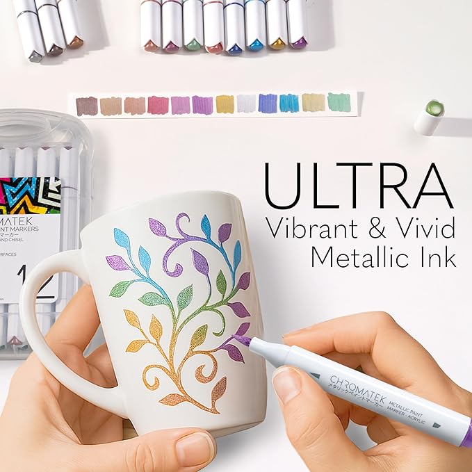 CHROMATEK Dual Tip Metallic Paint Markers - 12 Colors Brush & Chisel Tip Paint Pens for Black Paper, Rock Painting, Scrapbooking, Card Making, Photo Album, Glass, DIY Crafts Art Supplies, Waterproof