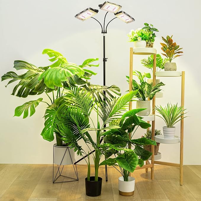 LORDEM Plant Grow Light with Stand, Full Spectrum LED Growing Lamp, Tri-Head with 3H/6H/12H Timer, 6 Dimmable Levels, 3 Lighting Modes, 15"-63" Adjustable Tripod