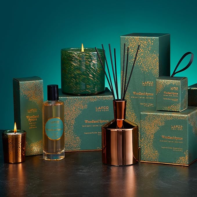 LAFCO New York Holiday Reed Diffuser, Woodland Spruce - 6 oz - Up to 3 Months Fragrance Life - Reusable Glass Vessel - Natural Wood Reeds - Made in The USA