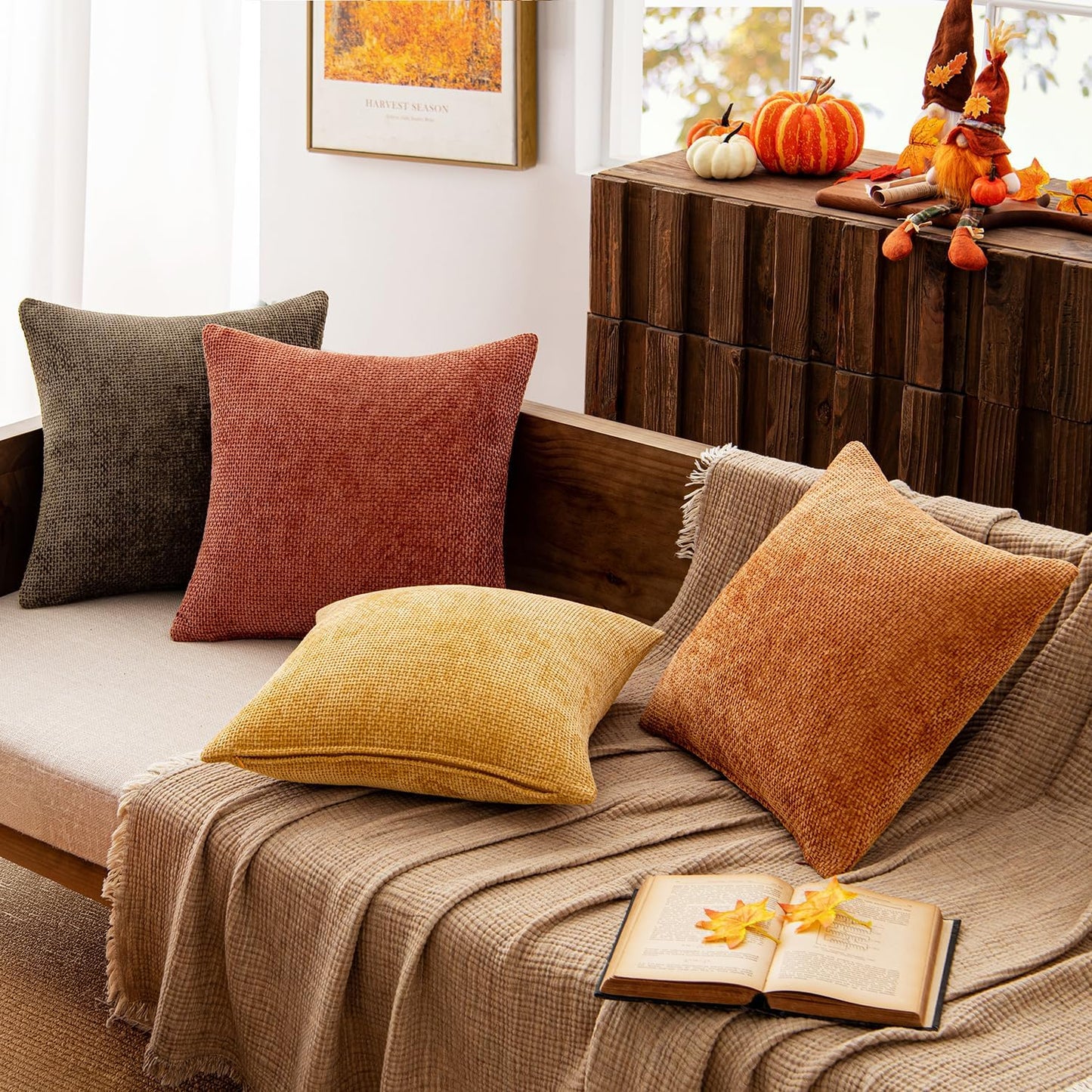 MIULEE Pack of 4 Fall Orange/Yellow Couch Throw Pillow Covers 18x18 Inch Halloween Soft Decorative Chenille Pillows Farmhouse Accent Cushions for Boho Home Decor Spring Sofa Bedroom Living Room