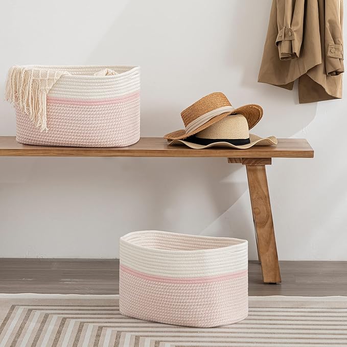UBBCARE 3-Pack Woven Rope Shelf Baskets - 15x10x9in Decorative Storage Basket for Toys, Kids Playroom, Closet Organization & Cube Storage Organizer | Gift Basket Empty, Off White/Mixed Pink