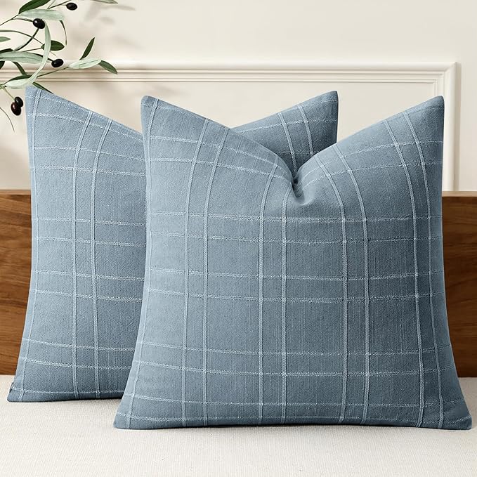 MIULEE Decorative Linen Check Euro Shams Throw Pillow Covers Neutral Farmhouse Vintage Pillow Covers 24x24 Set of 2 Boho Modern Home Decor for Sofa Couch Bedroom Cushion Blue Grey