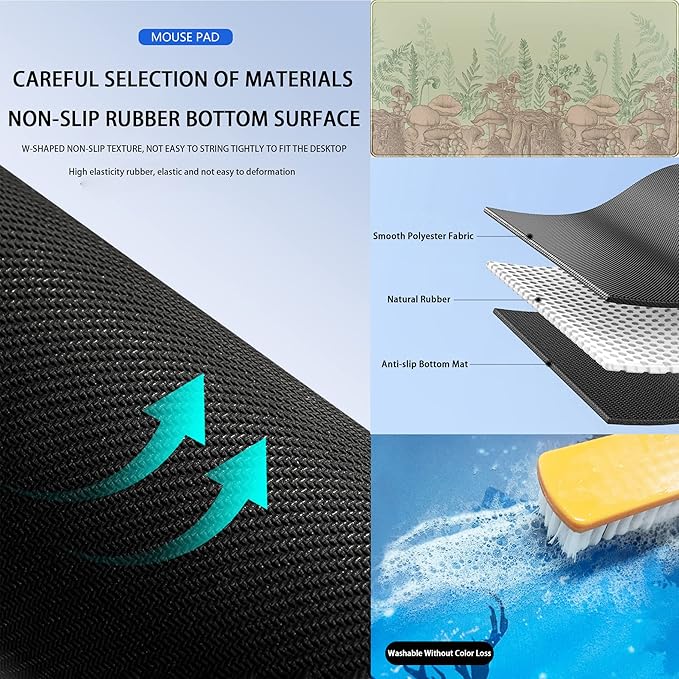 Cute Green Leaves Mouse Pad Desk Mat Beige Forest Mushroom XXL Large Extended Gaming Mousepad Desk Pad 31.5x15.75 in, Cool Keyboard Mouse Mat Desk Mats for Computer Laptop Women Desk Gamers Girl